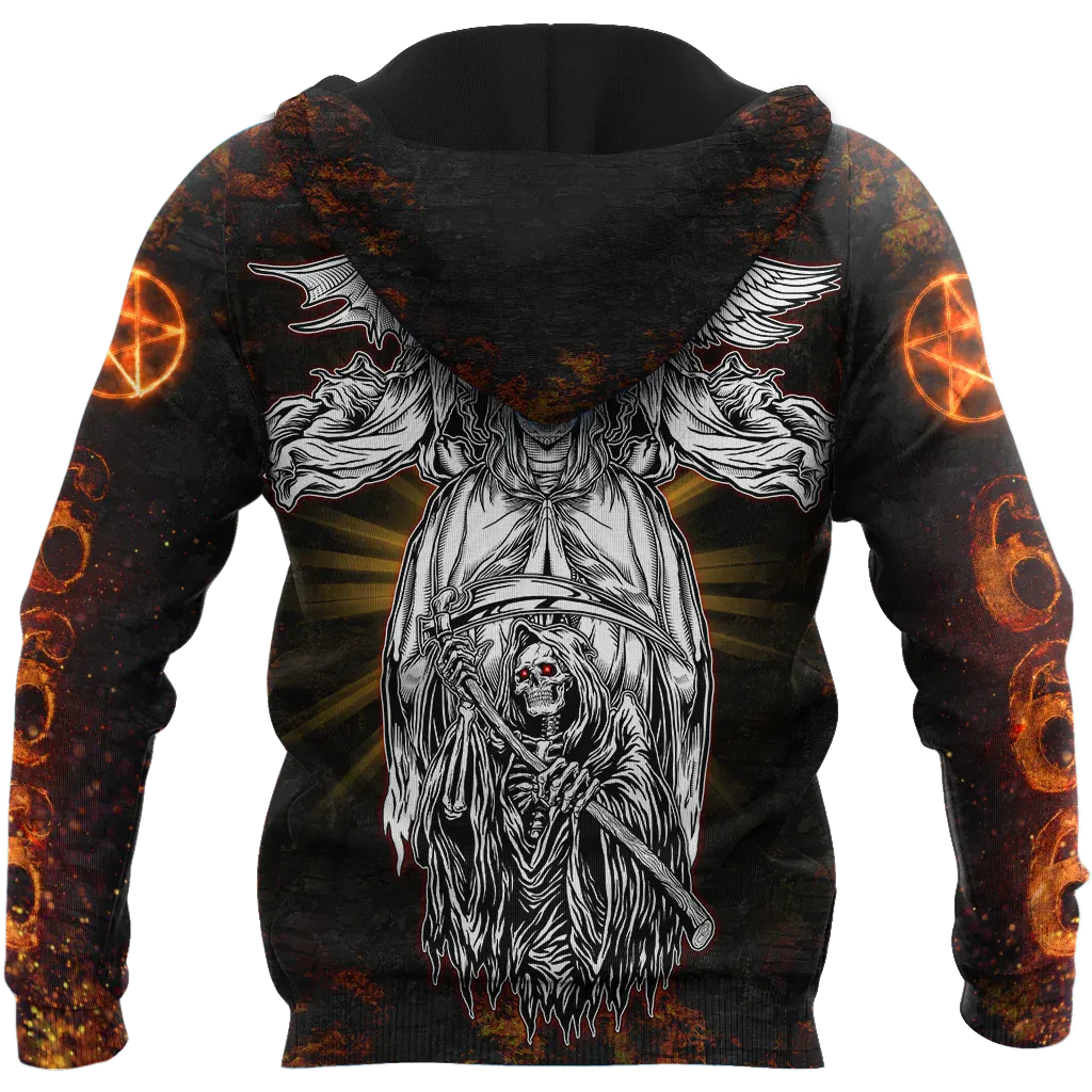 3D All Over Print Skull Satanic Fire Hoodie, Satanic Hoodie, Skull Satanic Hoodie