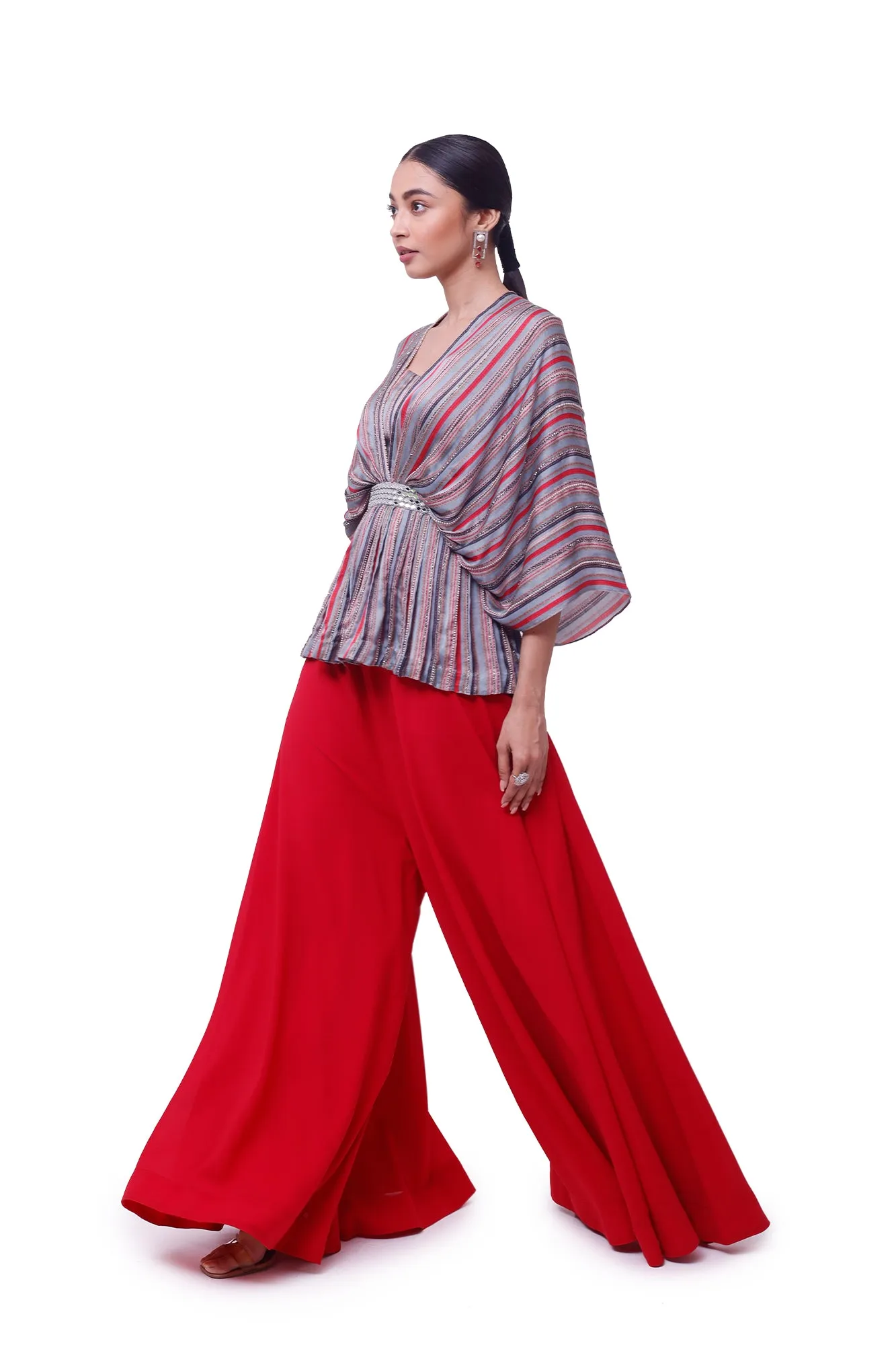 50Z911-RO Aqua Red Georgette and Satin Kaftan Sleeve Co-ord Set