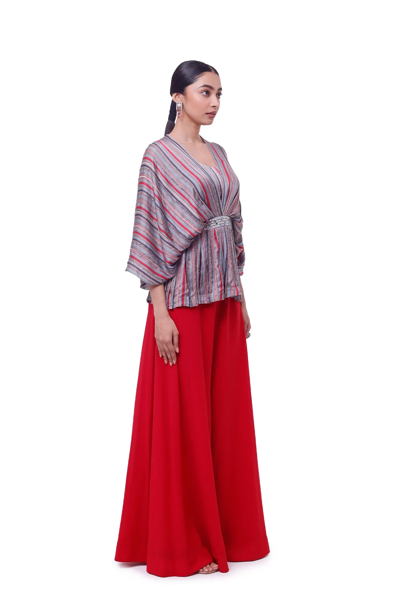 50Z911-RO Aqua Red Georgette and Satin Kaftan Sleeve Co-ord Set