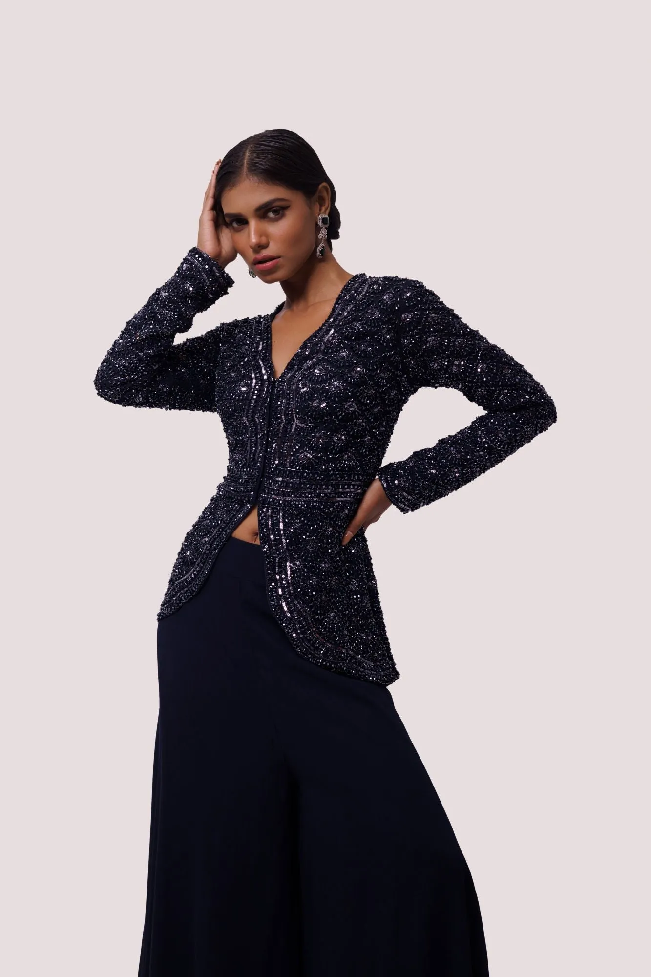 50Z934-RO Navy Blue Georgette Embellished Co-Ord Set