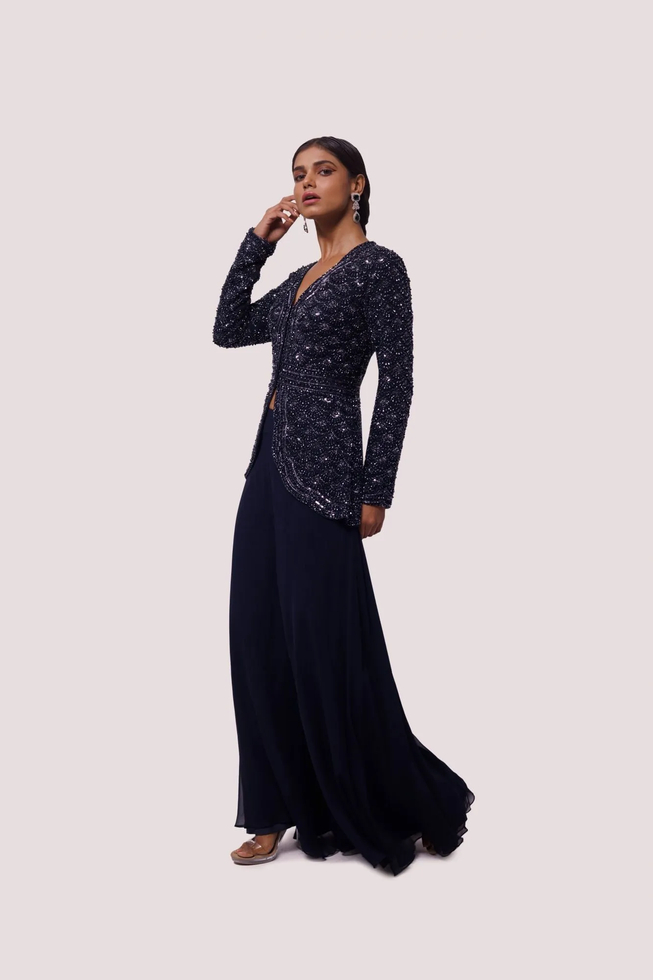 50Z934-RO Navy Blue Georgette Embellished Co-Ord Set