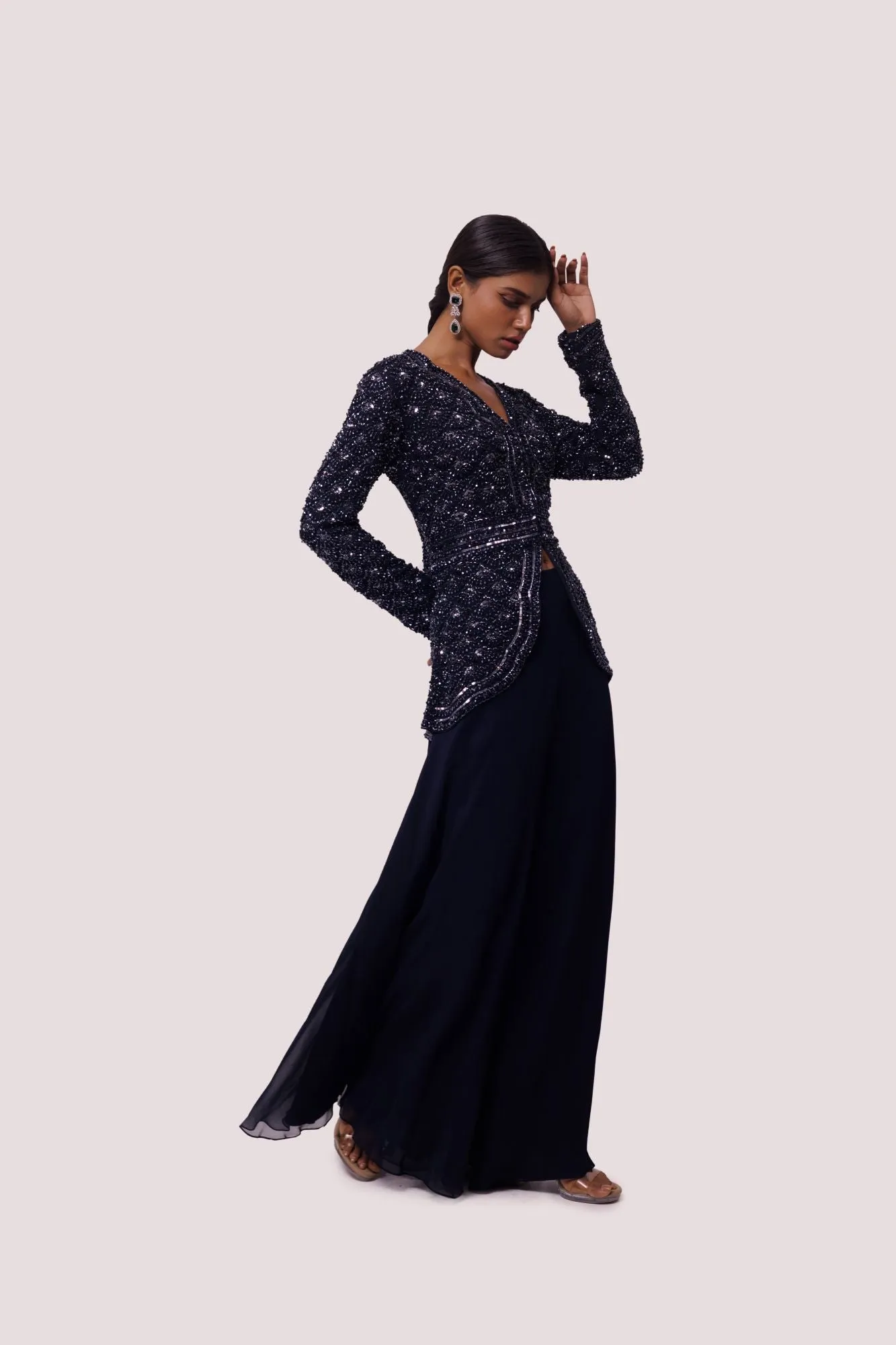 50Z934-RO Navy Blue Georgette Embellished Co-Ord Set