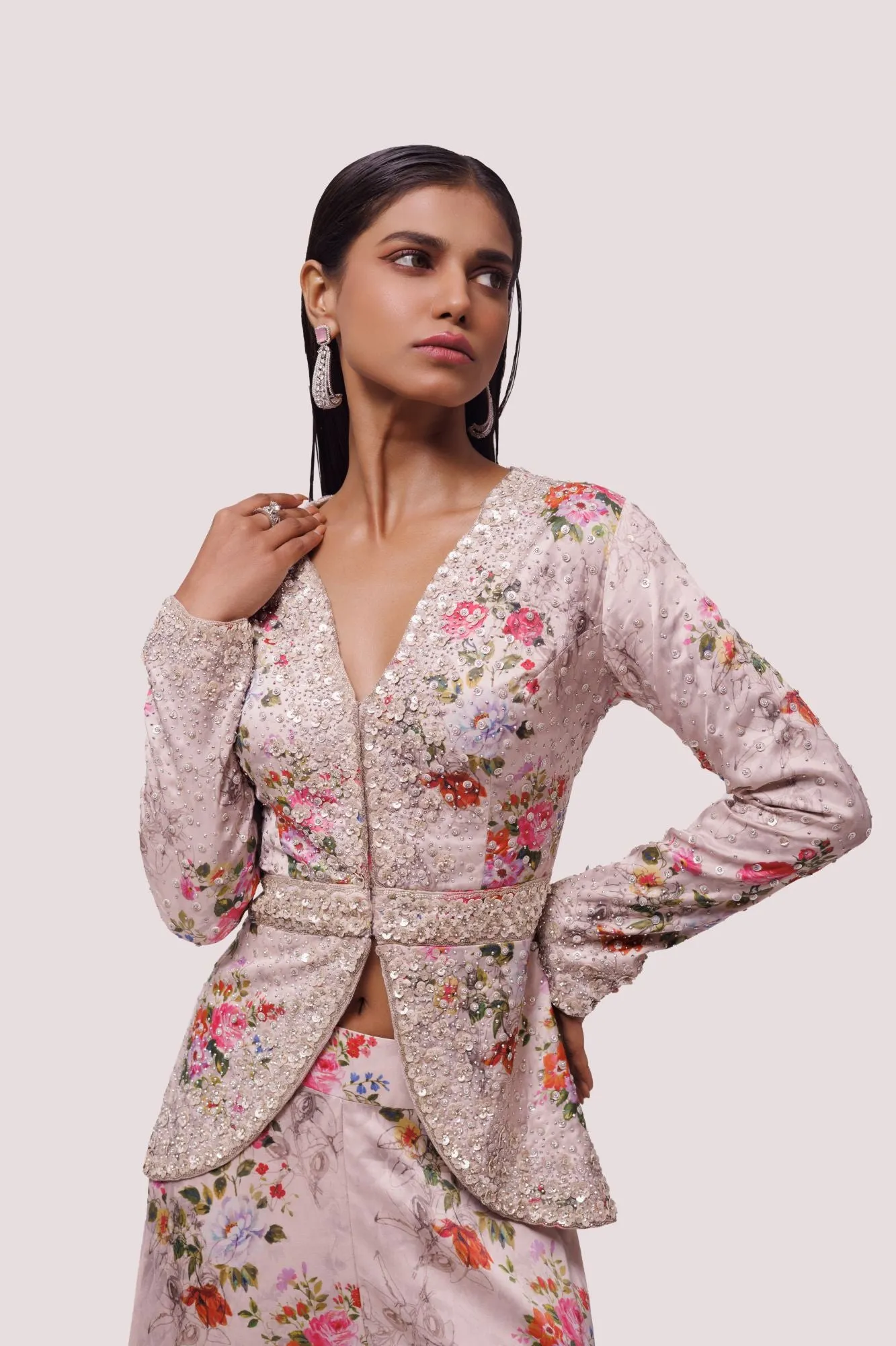 50Z935-RO Peach Floral Satin Embellished Co-Ord Set