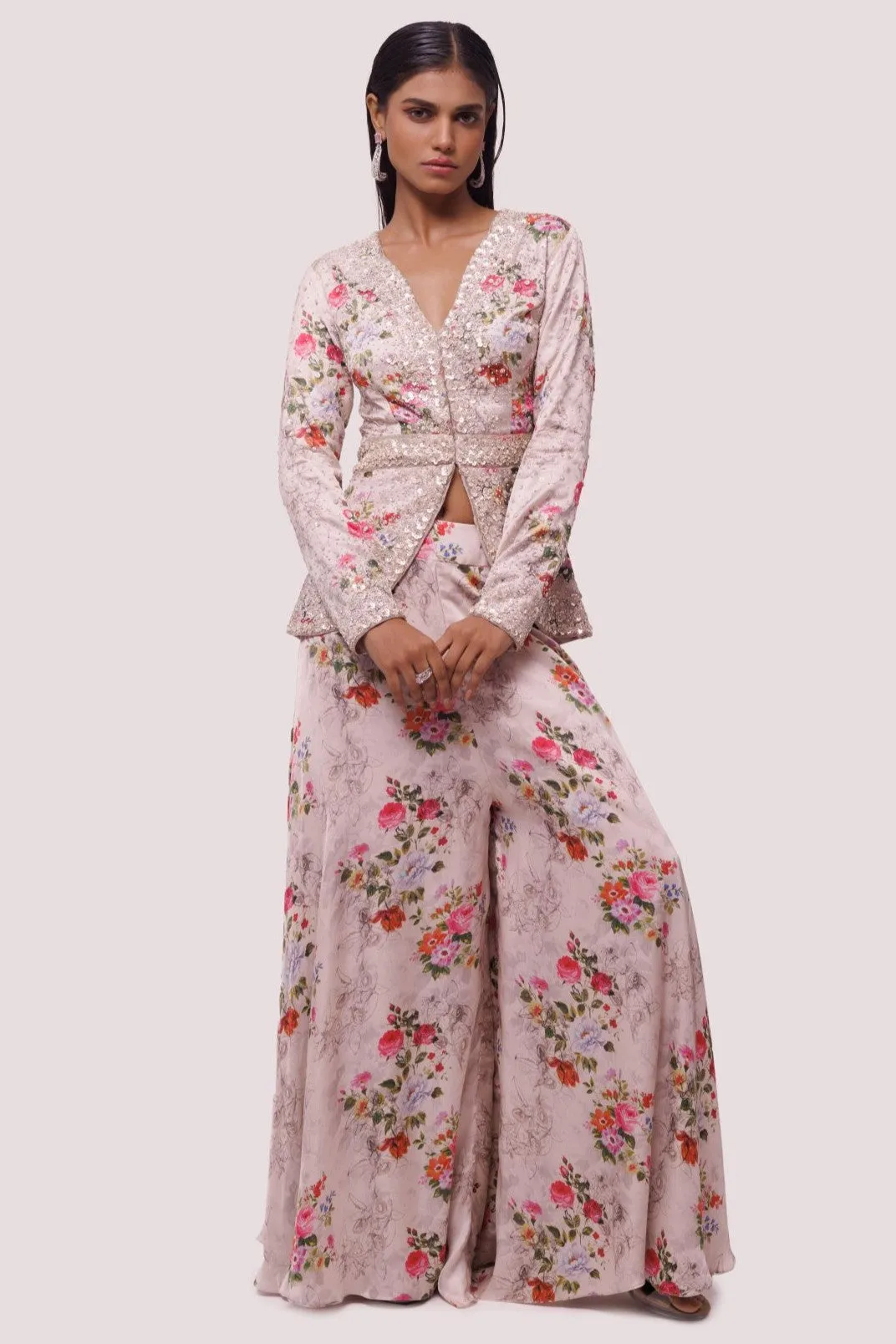 50Z935-RO Peach Floral Satin Embellished Co-Ord Set