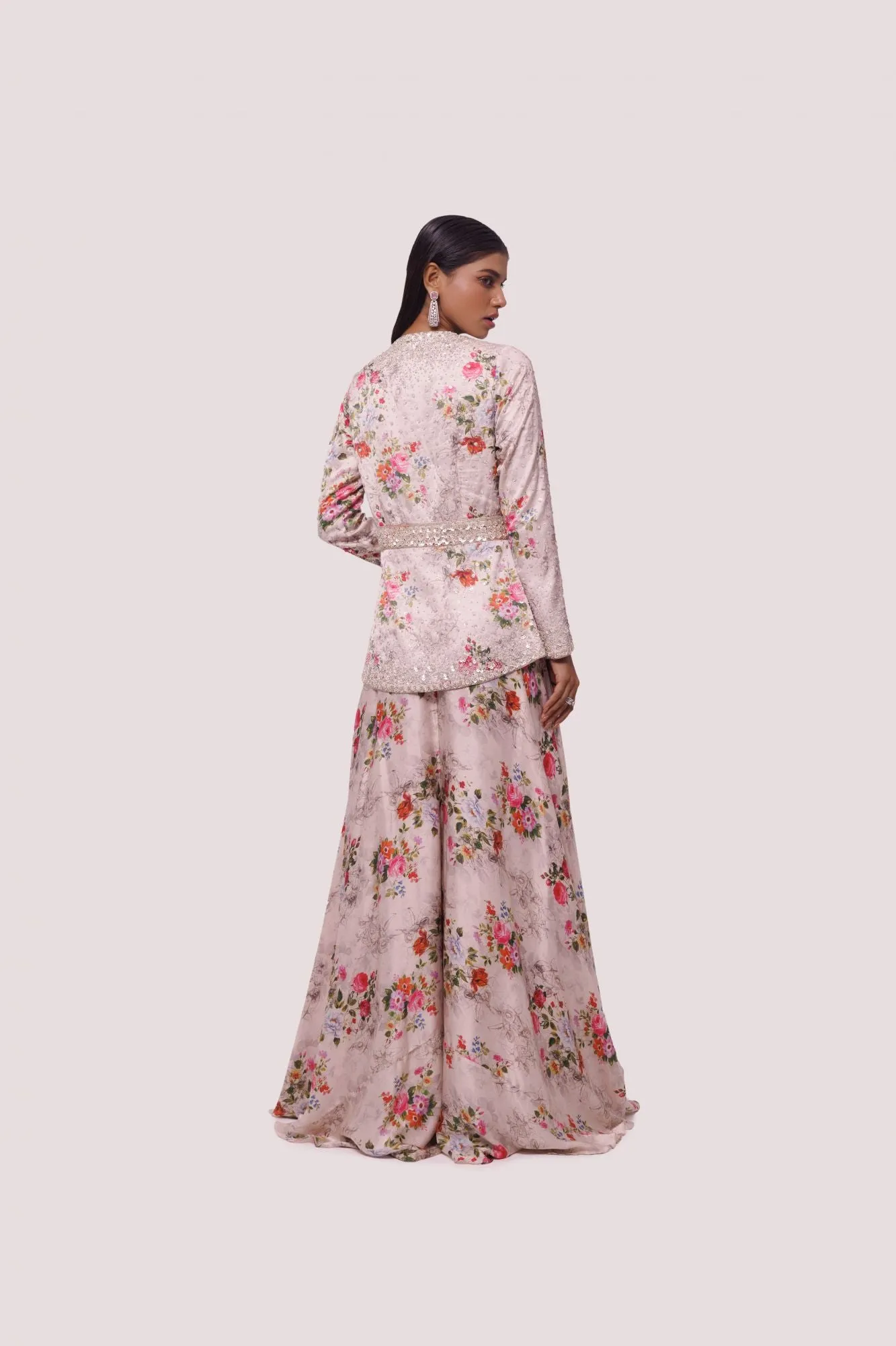 50Z935-RO Peach Floral Satin Embellished Co-Ord Set