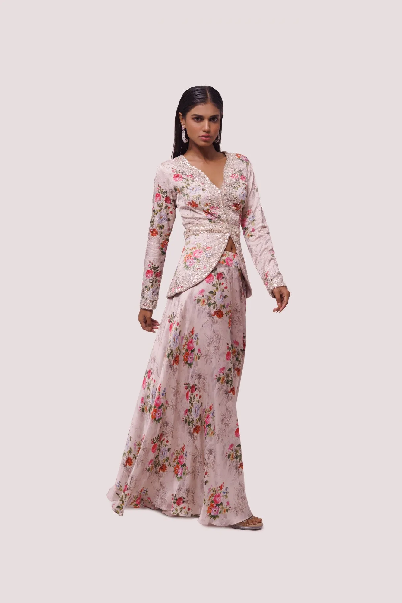 50Z935-RO Peach Floral Satin Embellished Co-Ord Set