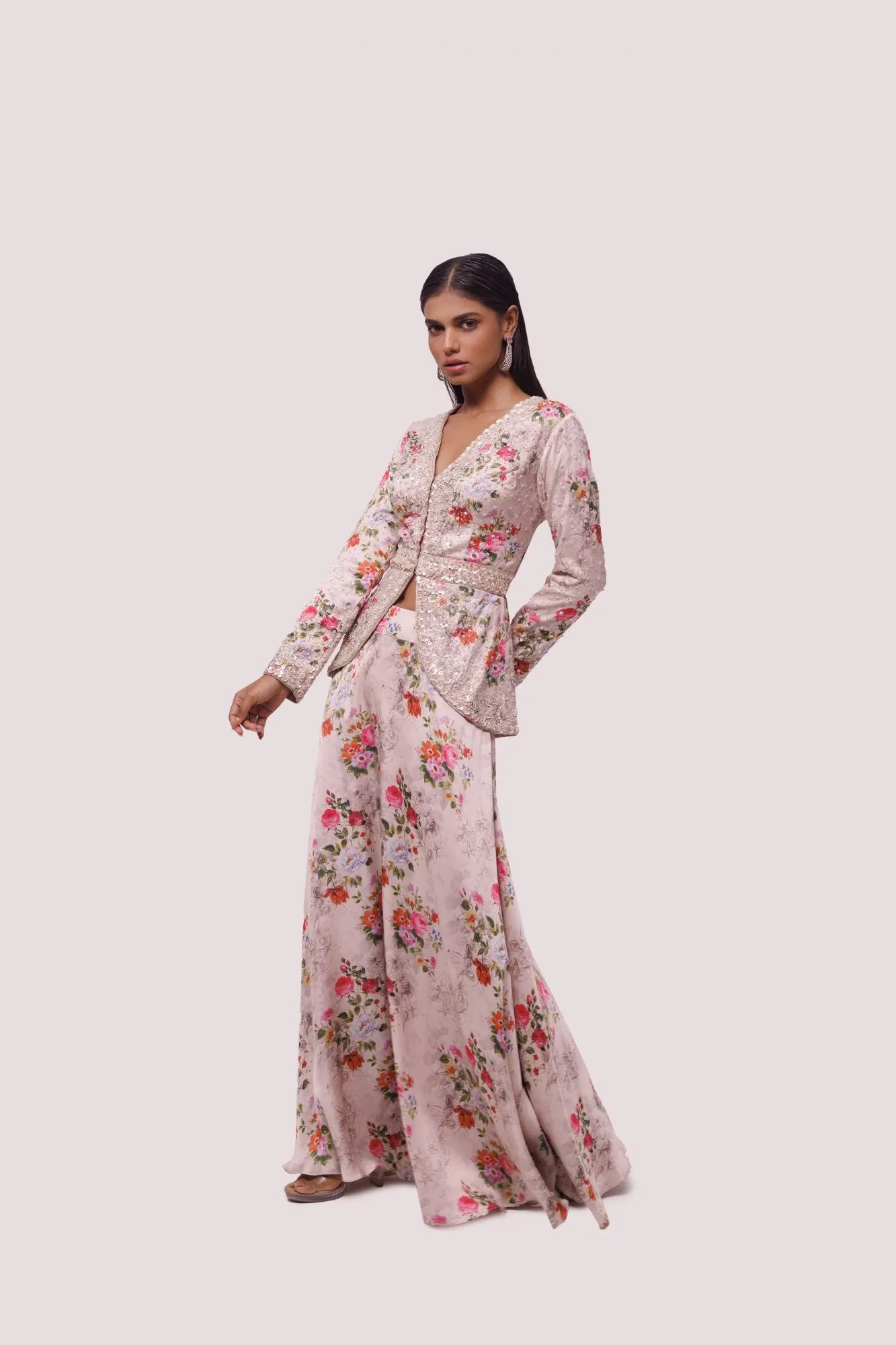 50Z935-RO Peach Floral Satin Embellished Co-Ord Set