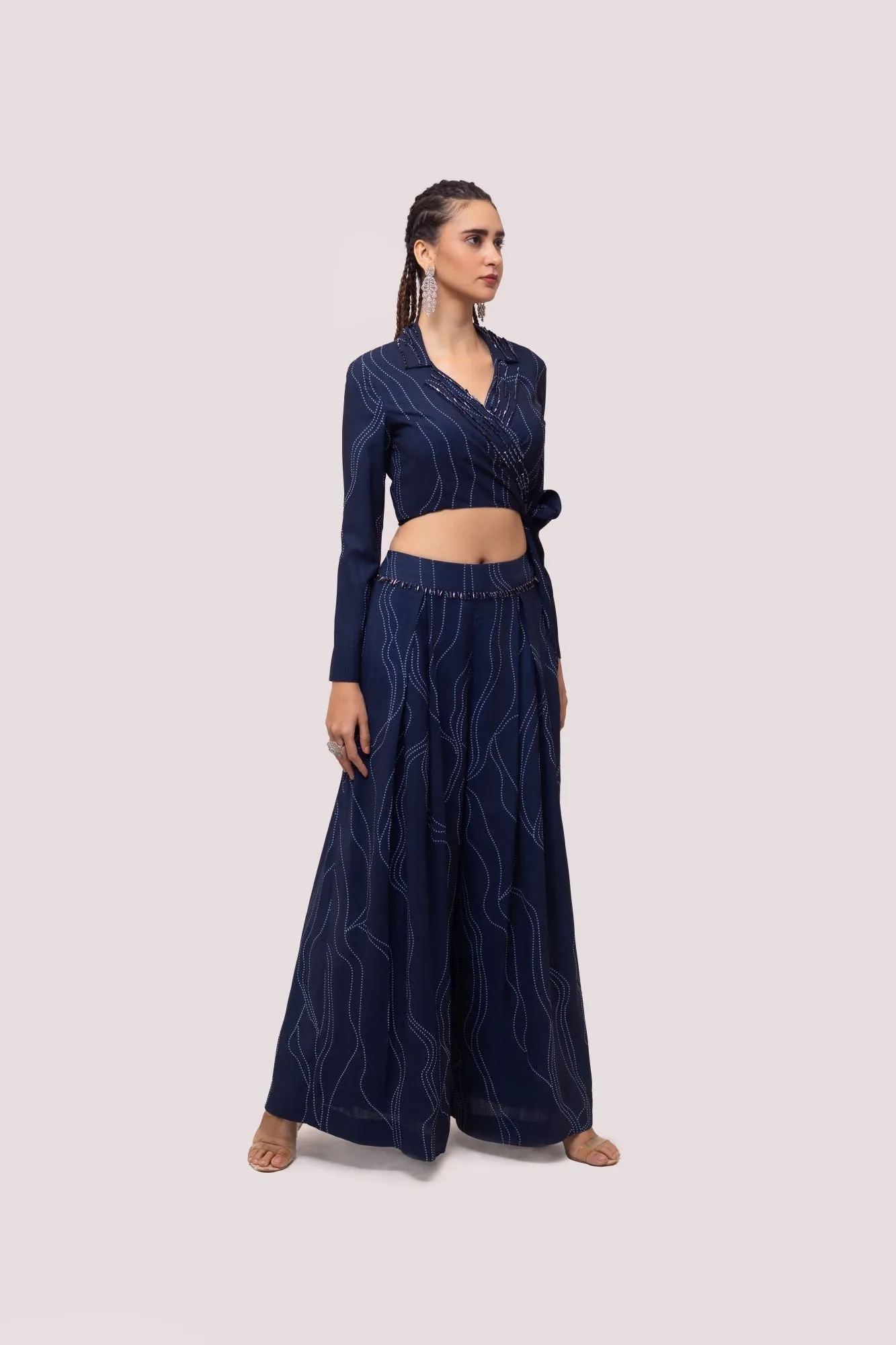 50Z966-RO Navy Blue Embellished Printed Kota Print Co-ord Set