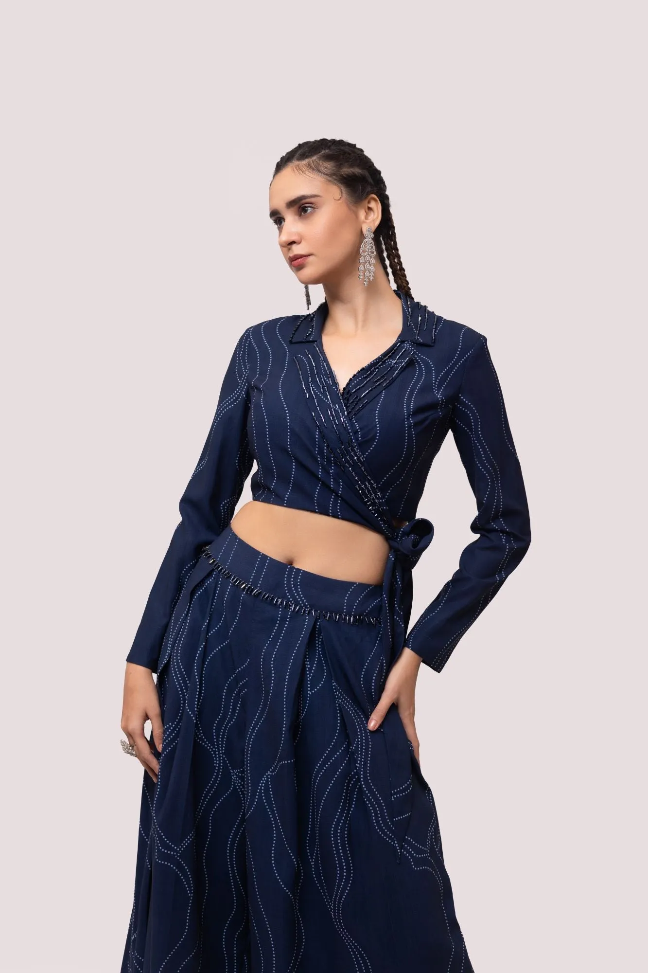 50Z966-RO Navy Blue Embellished Printed Kota Print Co-ord Set