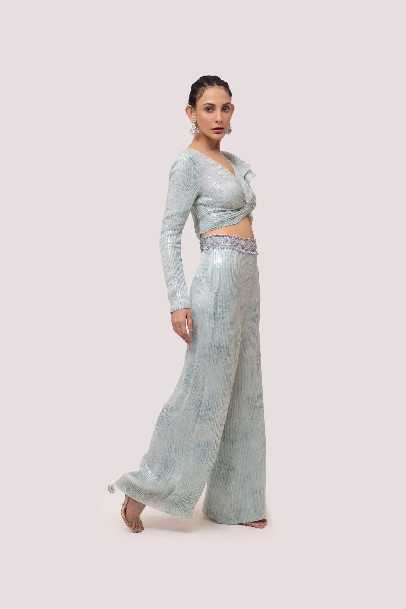 50Z969-RO Aqua Blue Contemporary Sequinned Co-Ord Set