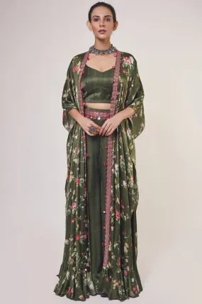 Mehendi Green Satin Co-ord Set with Printed Cape – Elegant and Stylish Ensemble