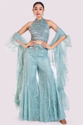 50Z997-RO Aqua Blue Embellished Co-Ord Set With Ruffle Dupatta