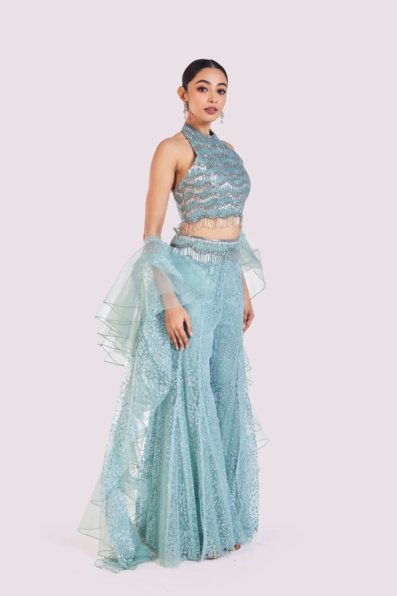 50Z997-RO Aqua Blue Embellished Co-Ord Set With Ruffle Dupatta