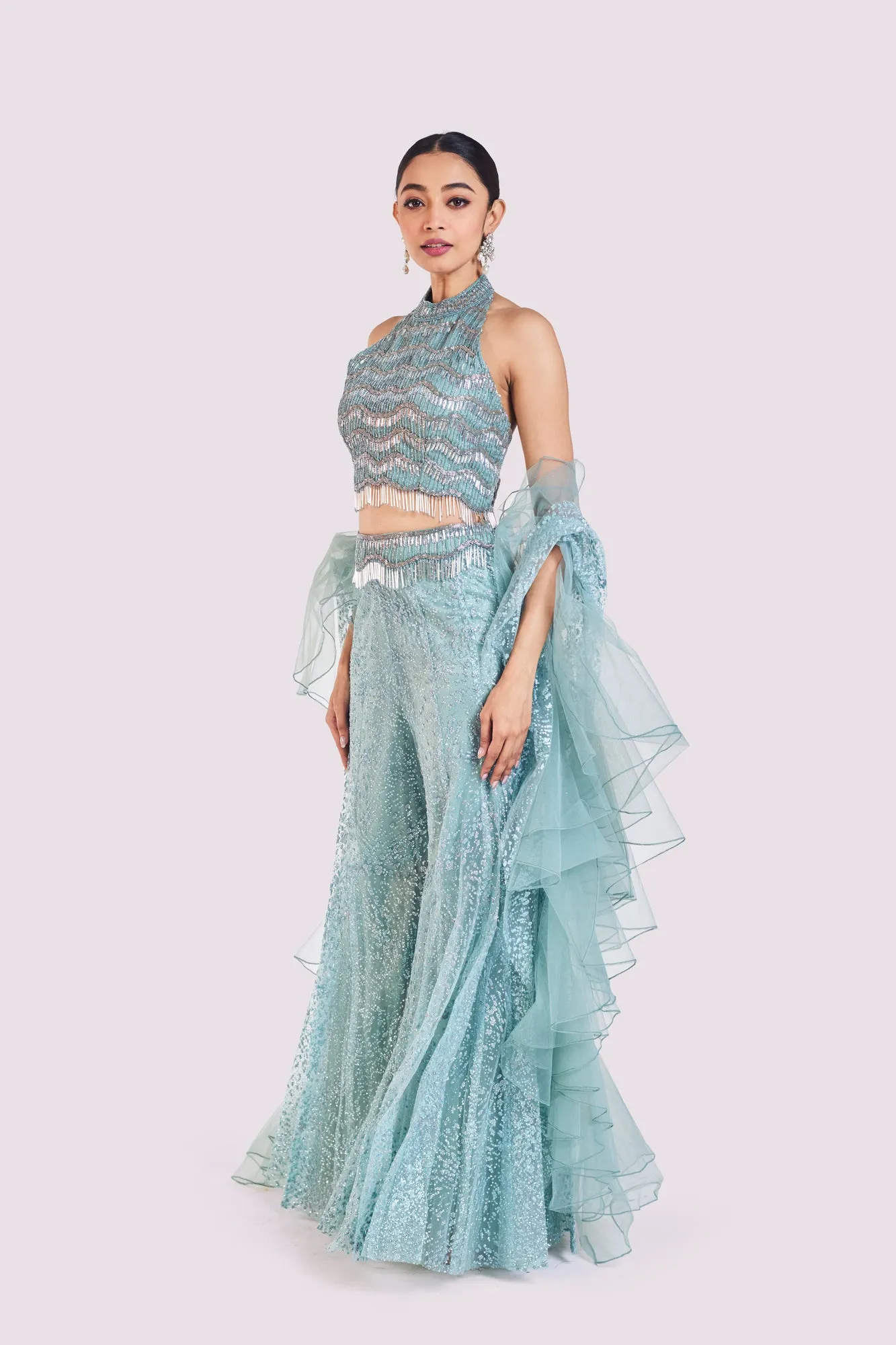 50Z997-RO Aqua Blue Embellished Co-Ord Set With Ruffle Dupatta