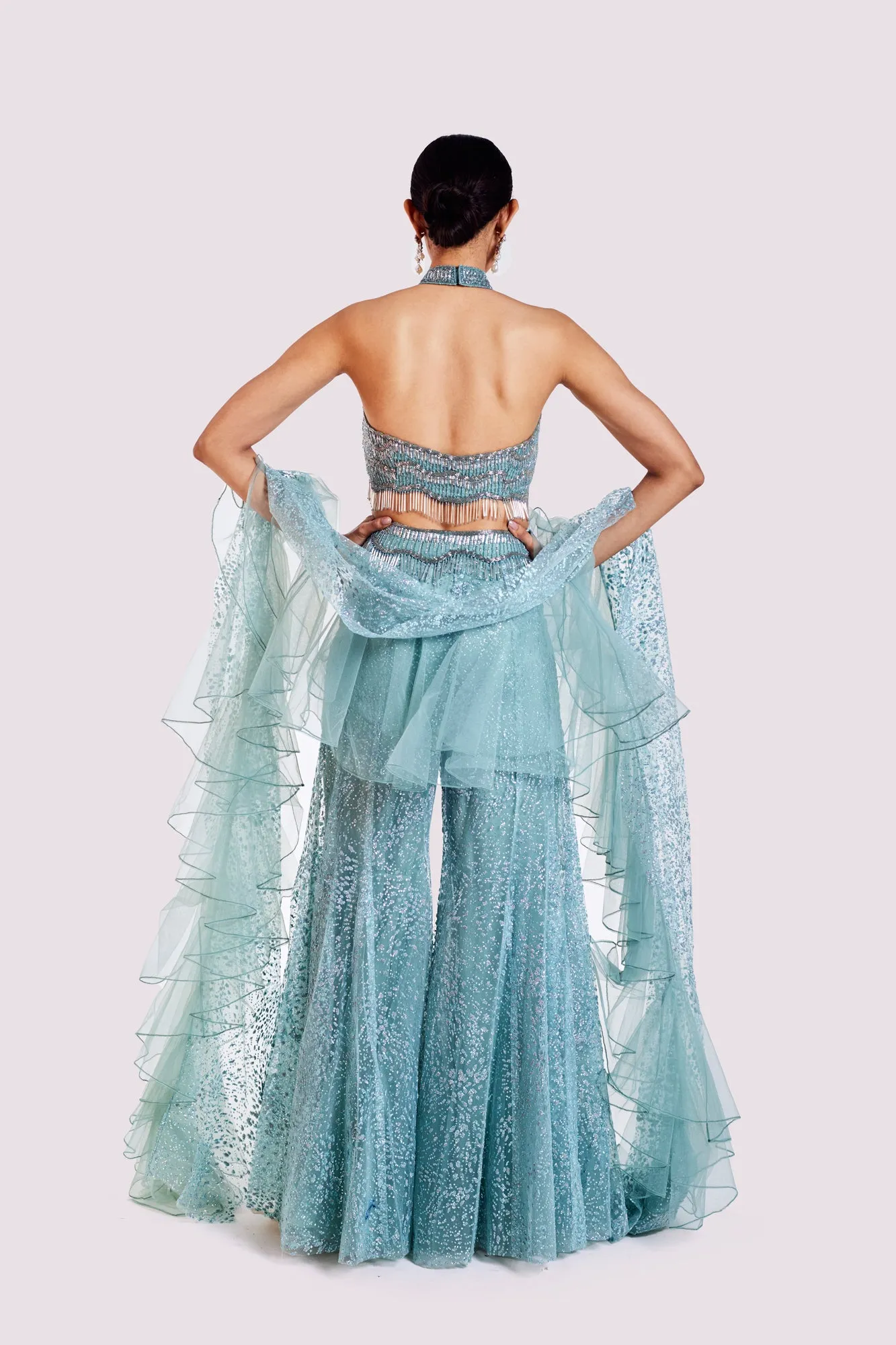 50Z997-RO Aqua Blue Embellished Co-Ord Set With Ruffle Dupatta