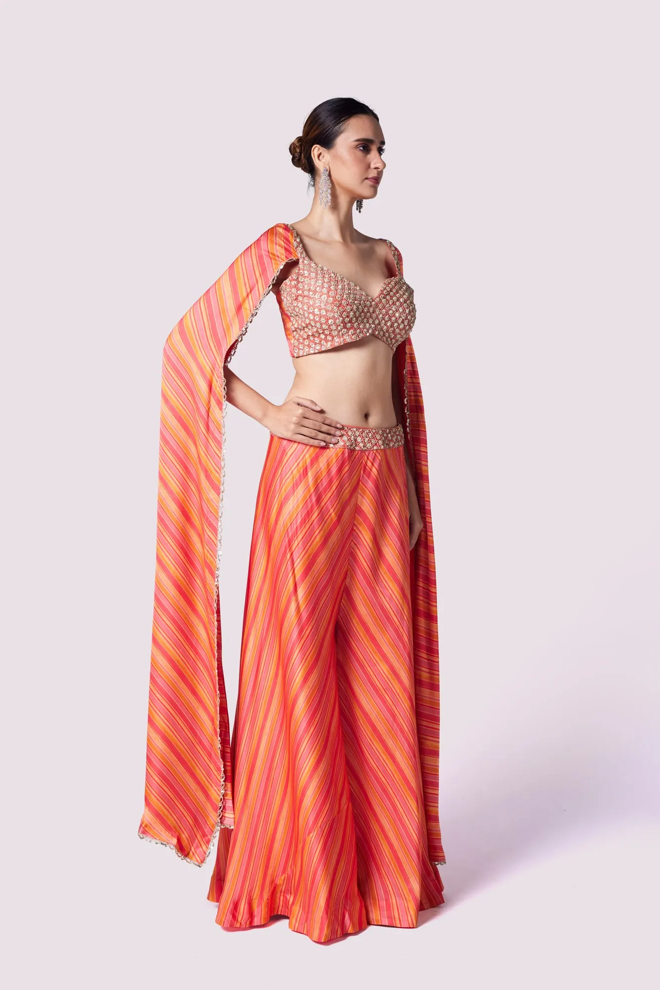 51Z000-RO Orange Striped Cape Sleeves Co-ord Set