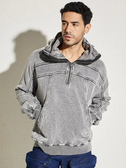 Acid-Washed Oversized Hooded Sweatshirt with Baggy Fit