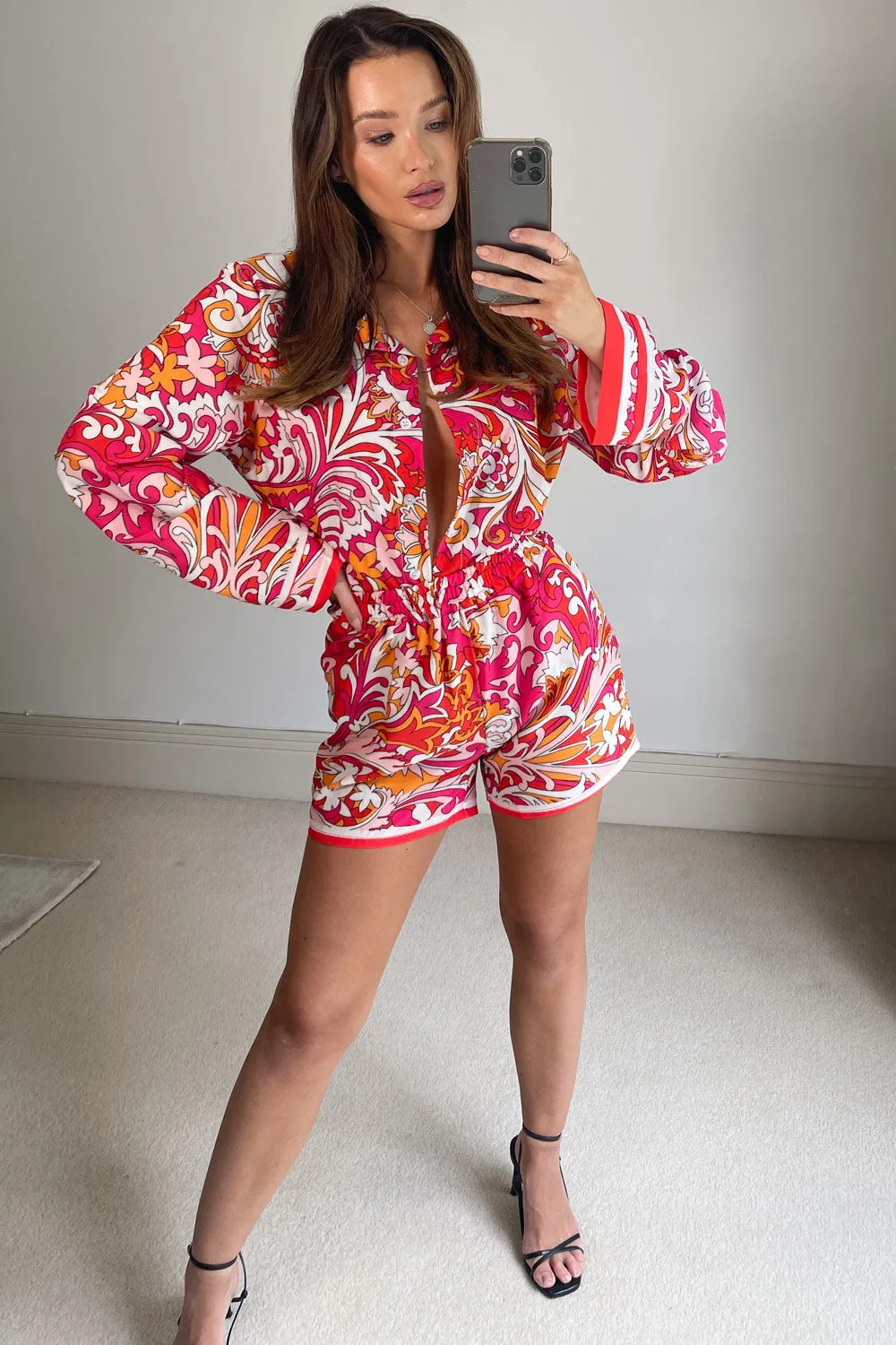 Aisha Pink Multi Printed Tie Front Shirt and Shorts Co-Ord Set