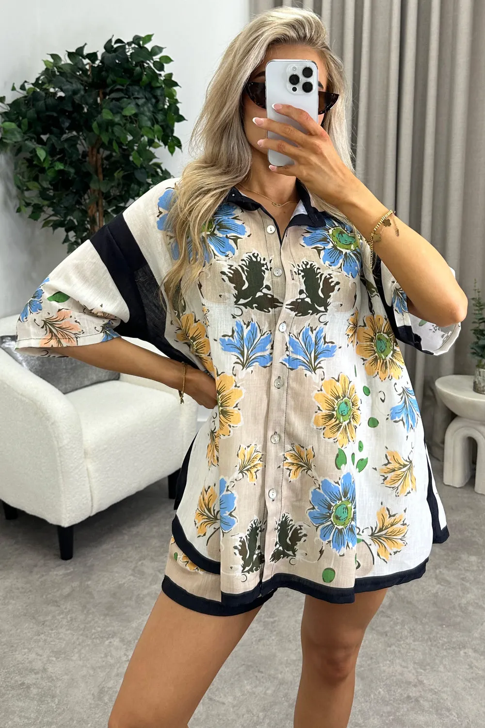 Alexyn Beige Floral Button Up Shirt and Shorts Co-Ord Set