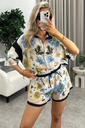 Alexyn Beige Floral Button Up Shirt and Shorts Co-Ord Set