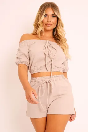 Beige Bardot Crop and Shorts Loungewear Co-ord - Jahari