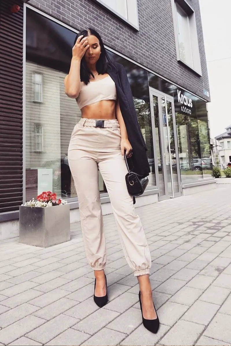 Beige Buckle Cargo Pant Crop Top Co-Ord - Kahri