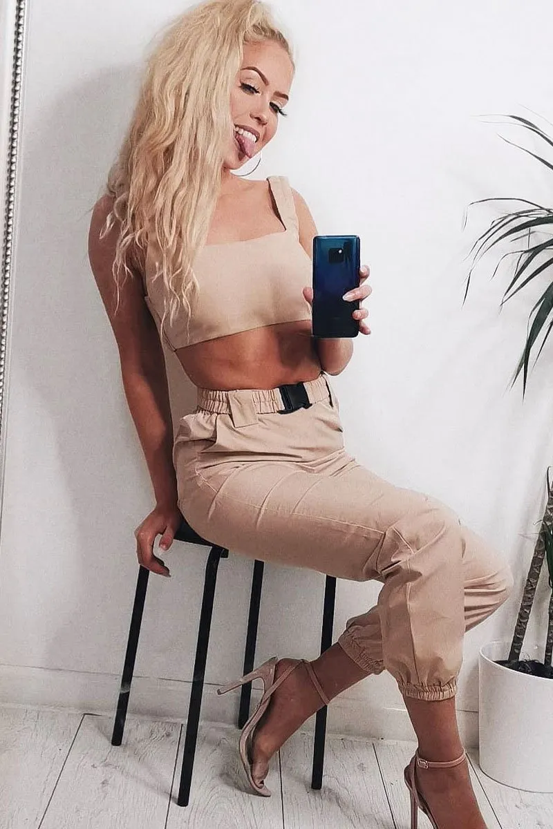 Beige Buckle Cargo Pant Crop Top Co-Ord - Kahri