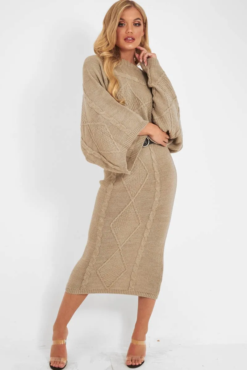 Beige Cable Knit Jumper Midi Skirt Co-Ord - Mahari