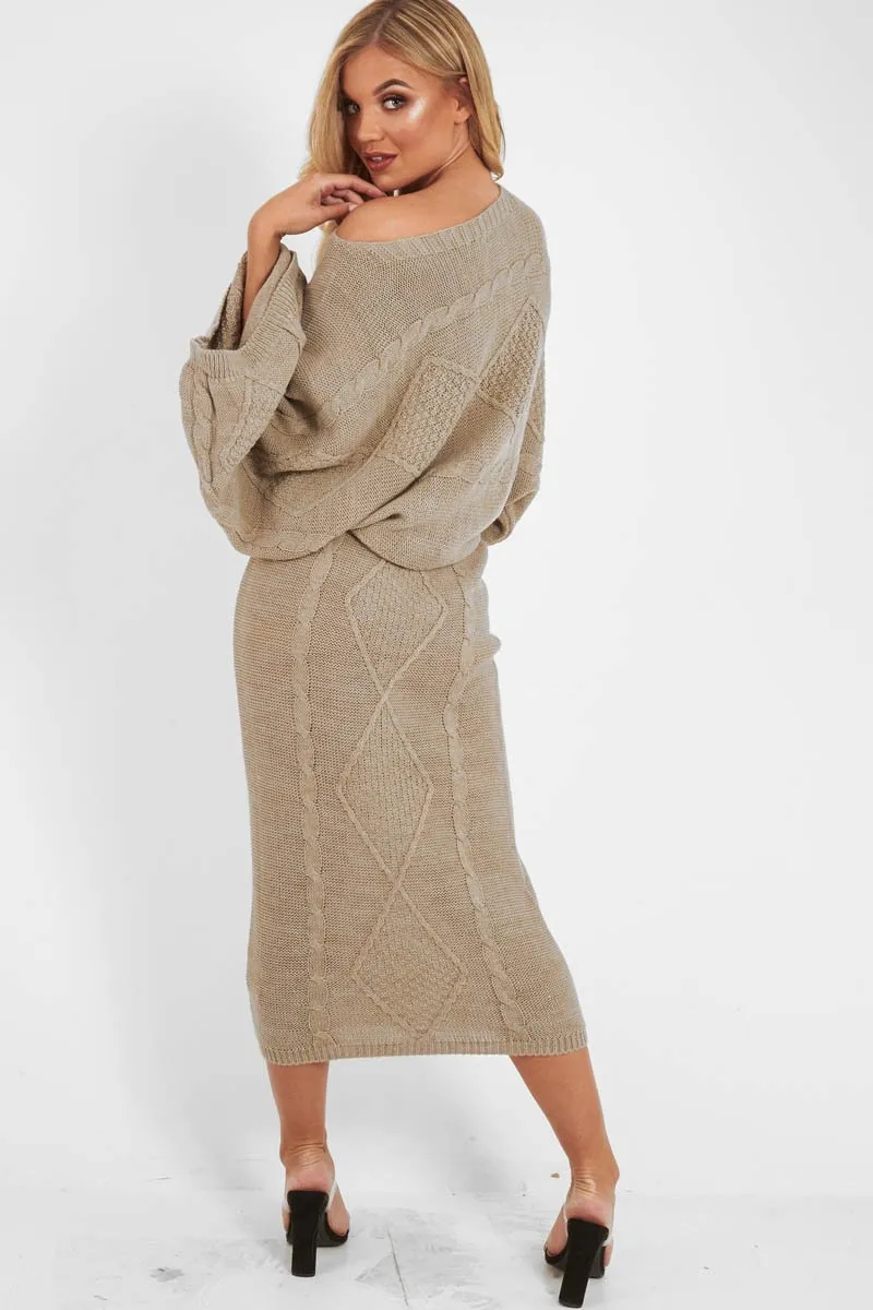 Beige Cable Knit Jumper Midi Skirt Co-Ord - Mahari