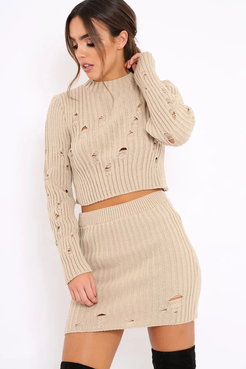 Beige Distressed Cable Knit Co-ord - Dayla