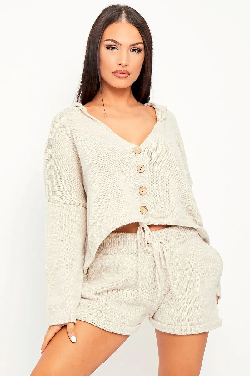 Beige Knit Hoodie Cardigan   Shorts Co-ord - Esther