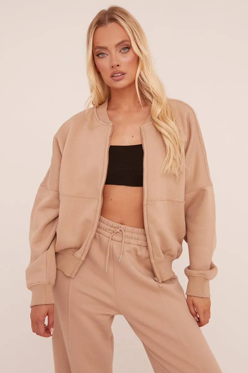 Beige Zip Front Bomber And Joggers Co-ord Set - Sasha