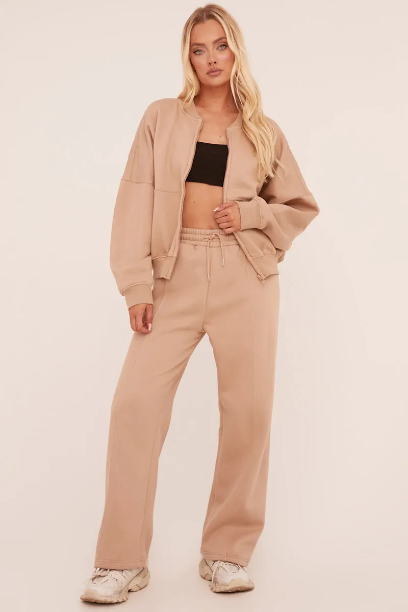 Beige Zip Front Bomber And Joggers Co-ord Set - Sasha