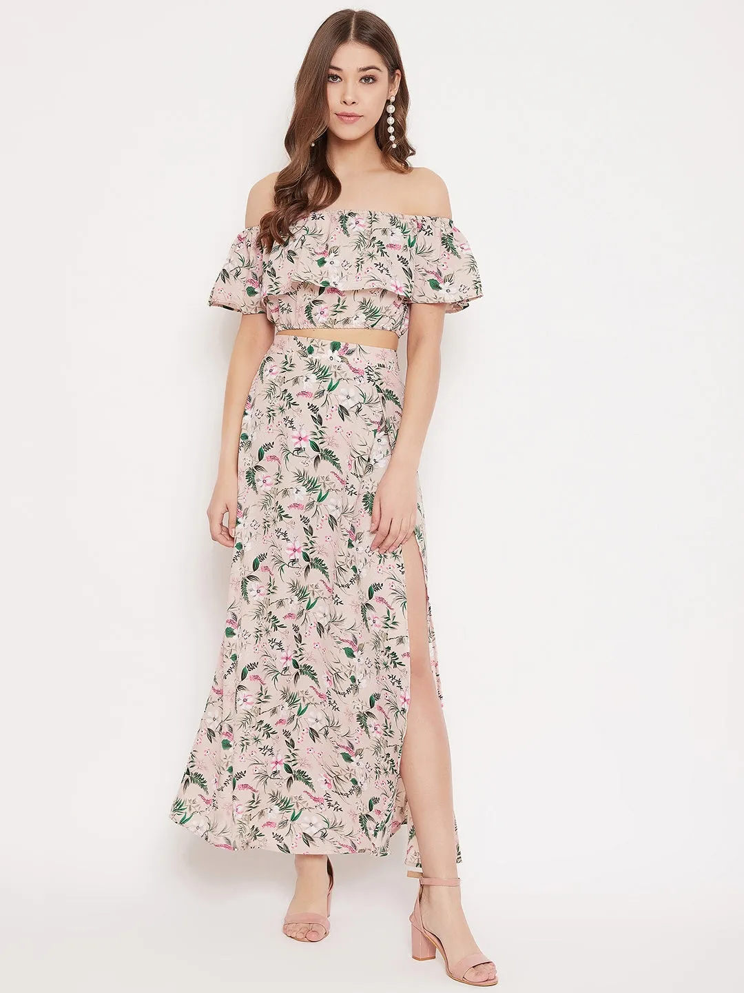 Berrylush Beige Floral Print Co-Ord Dress Set