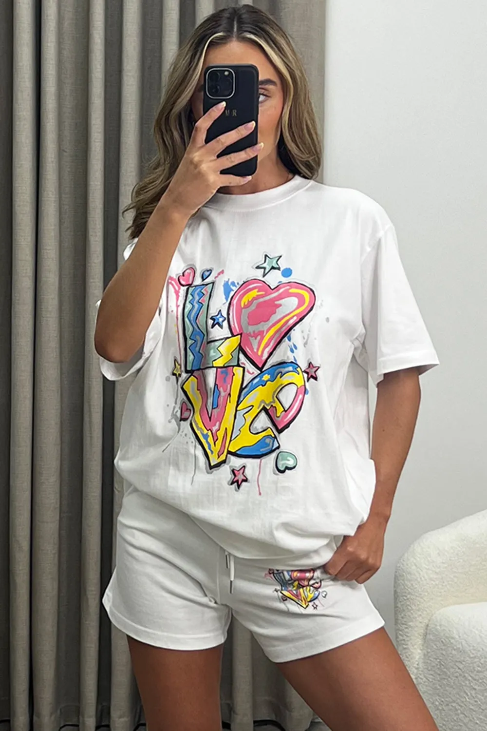 Binky White Slogan Love Graffiti Oversized T-Shirt and Shorts Co-Ord Set