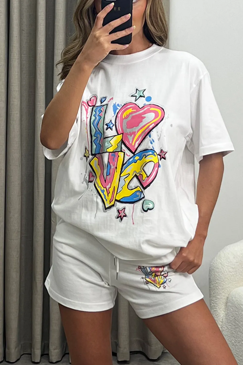 Binky White Slogan Love Graffiti Oversized T-Shirt and Shorts Co-Ord Set