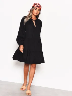 Black Cotton Long Sleeve Smock Dress