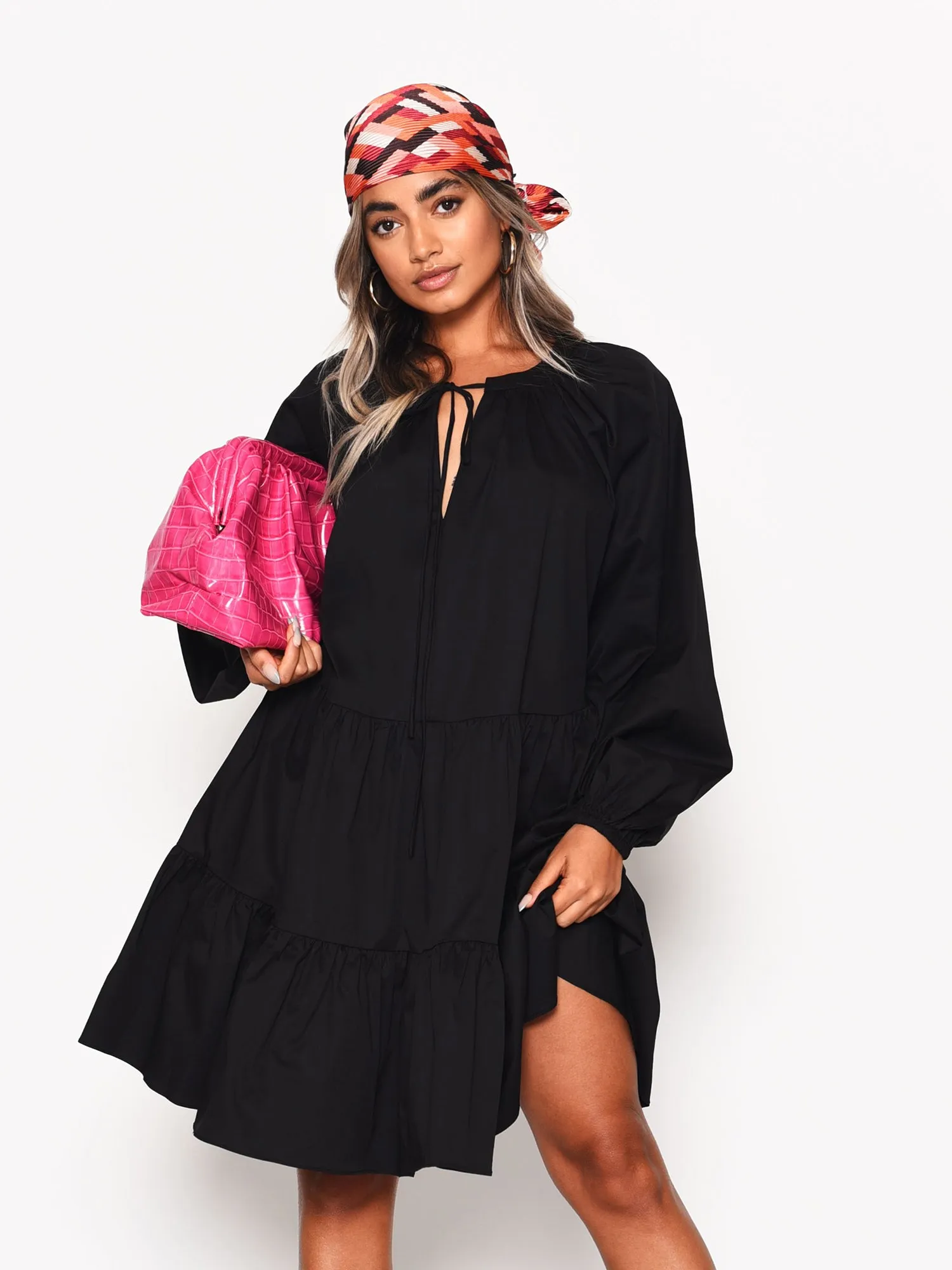 Black Cotton Long Sleeve Smock Dress