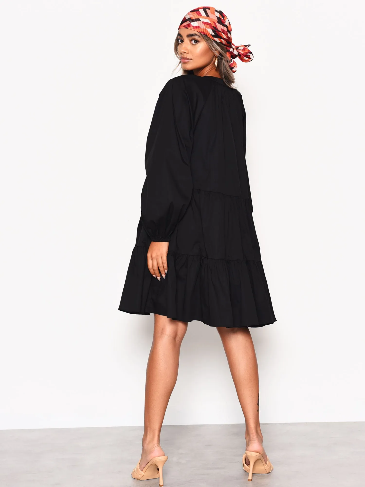 Black Cotton Long Sleeve Smock Dress