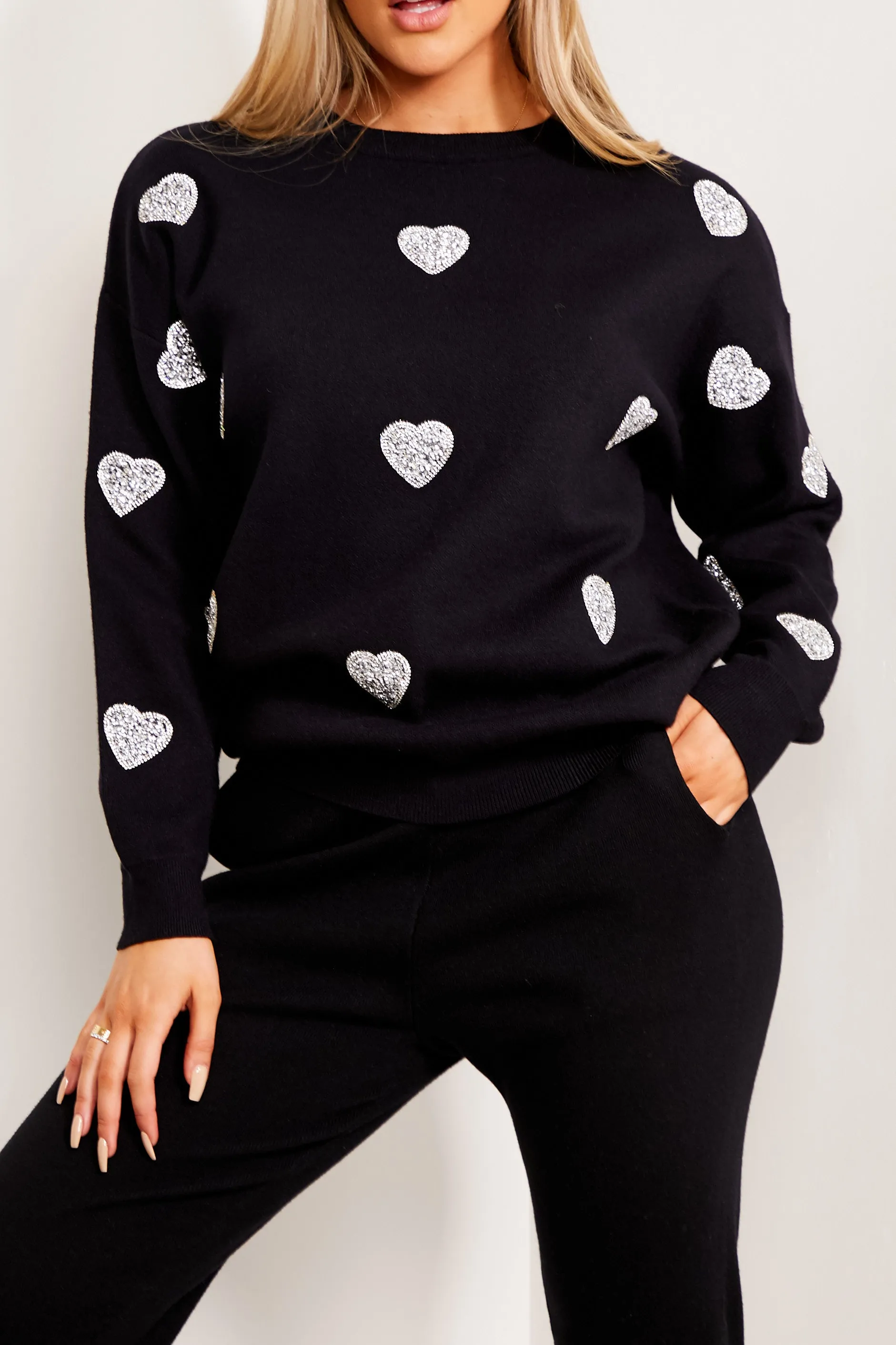 Black Knitted Heart Embellished Top and Leggings Co-Ord Set