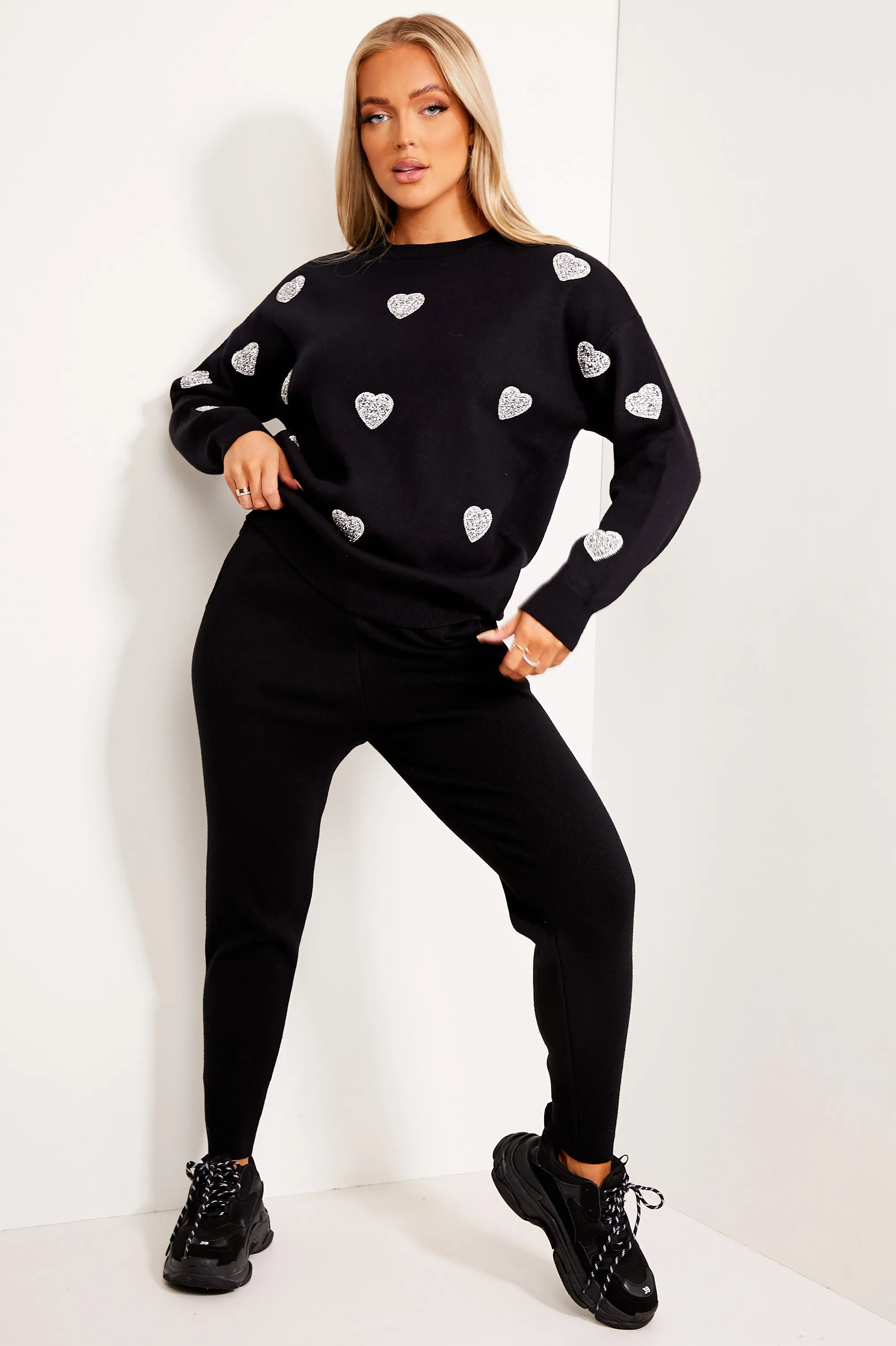 Black Knitted Heart Embellished Top and Leggings Co-Ord Set