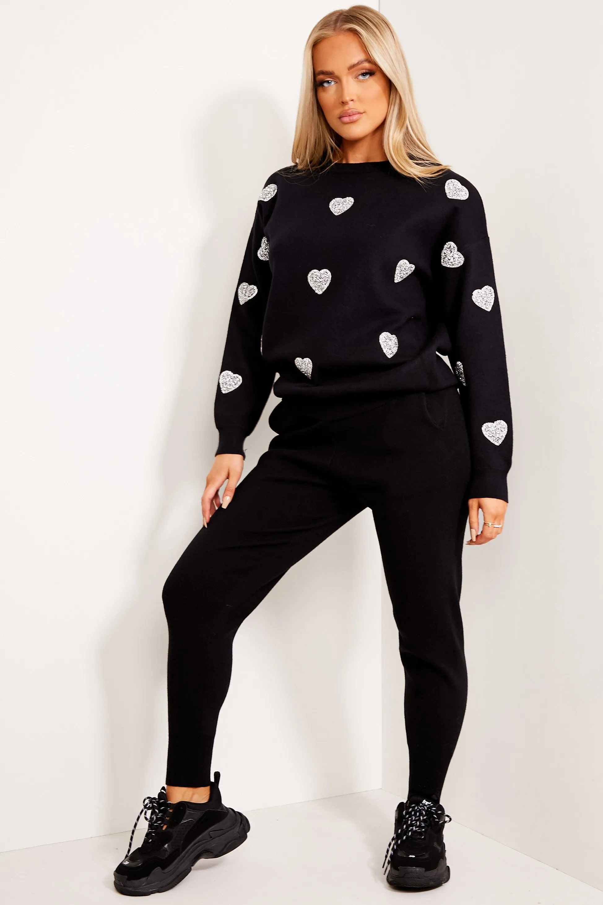 Black Knitted Heart Embellished Top and Leggings Co-Ord Set