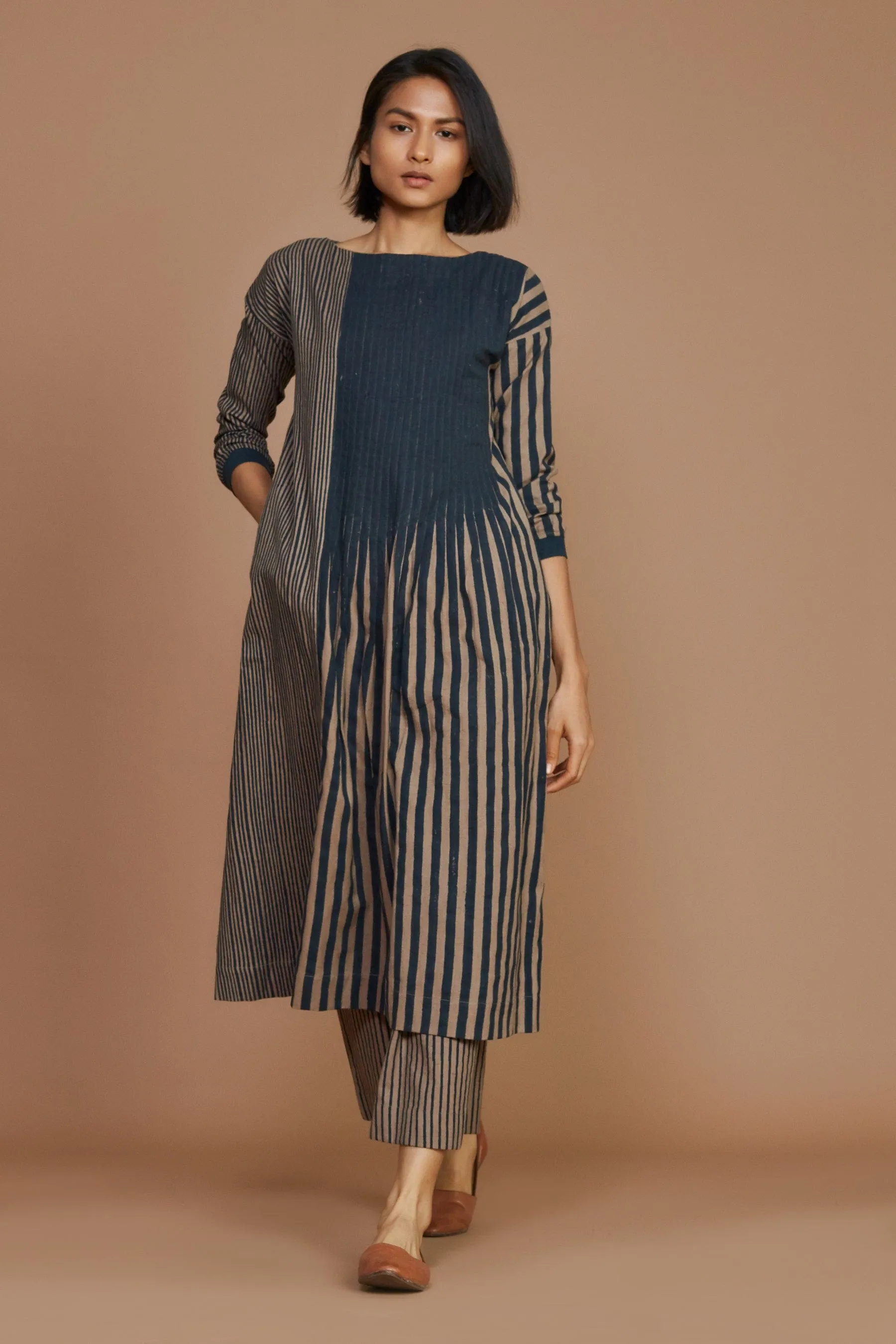 Brown With Charcoal Striped Pleated Co-Ord Set