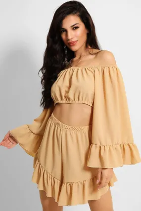 Camel Frill Trim Off Shoulder Crop Top Shorts Set