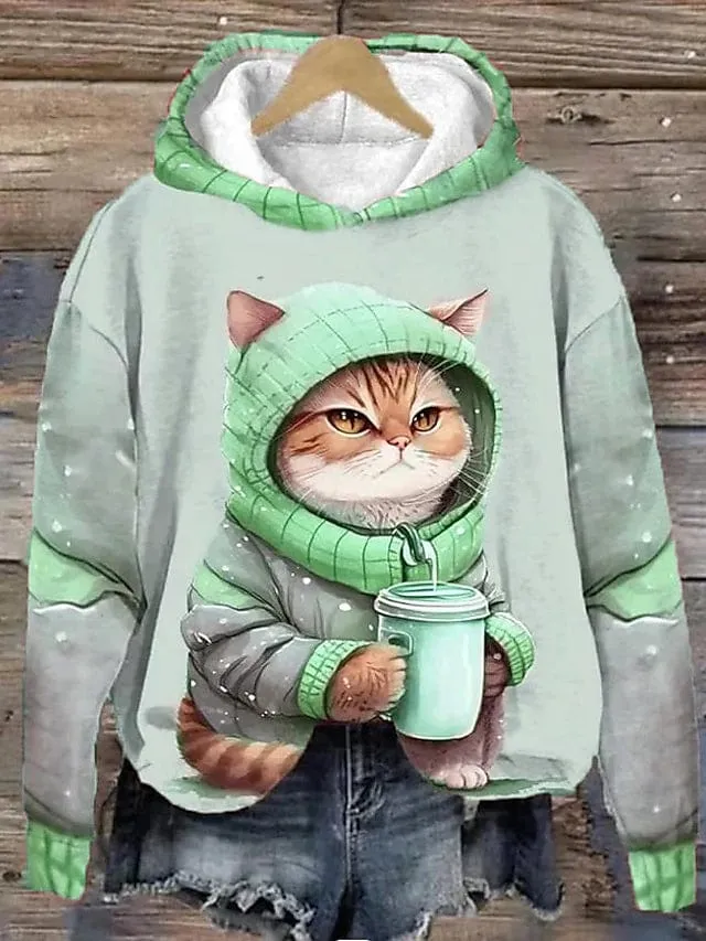 Cat Print Women's Hoodie Sweatshirt for Fall & Winter