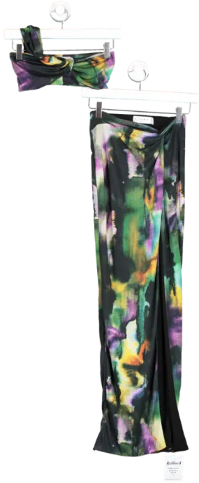 Club L Multicoloured Tender Kiss Watercolour Print Maxi Skirt & Open Heart Knot One Shoulder Top UK 6