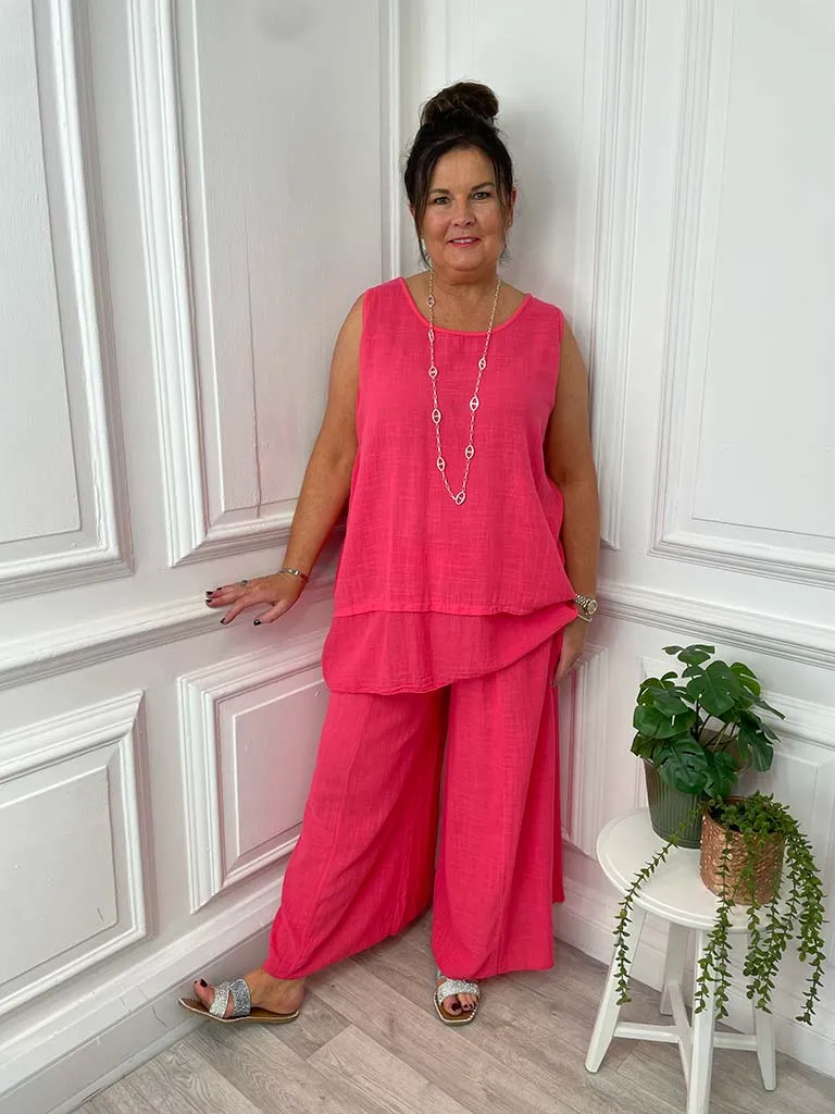 Cotton Sleeveless Top & Palazzo Co-ord - Lipstick Pink