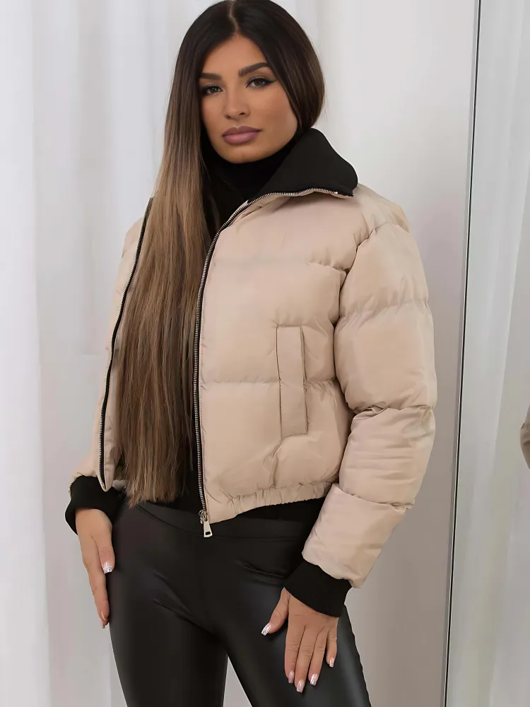 Cropped Puffer Jacket With Rib Collar Beige