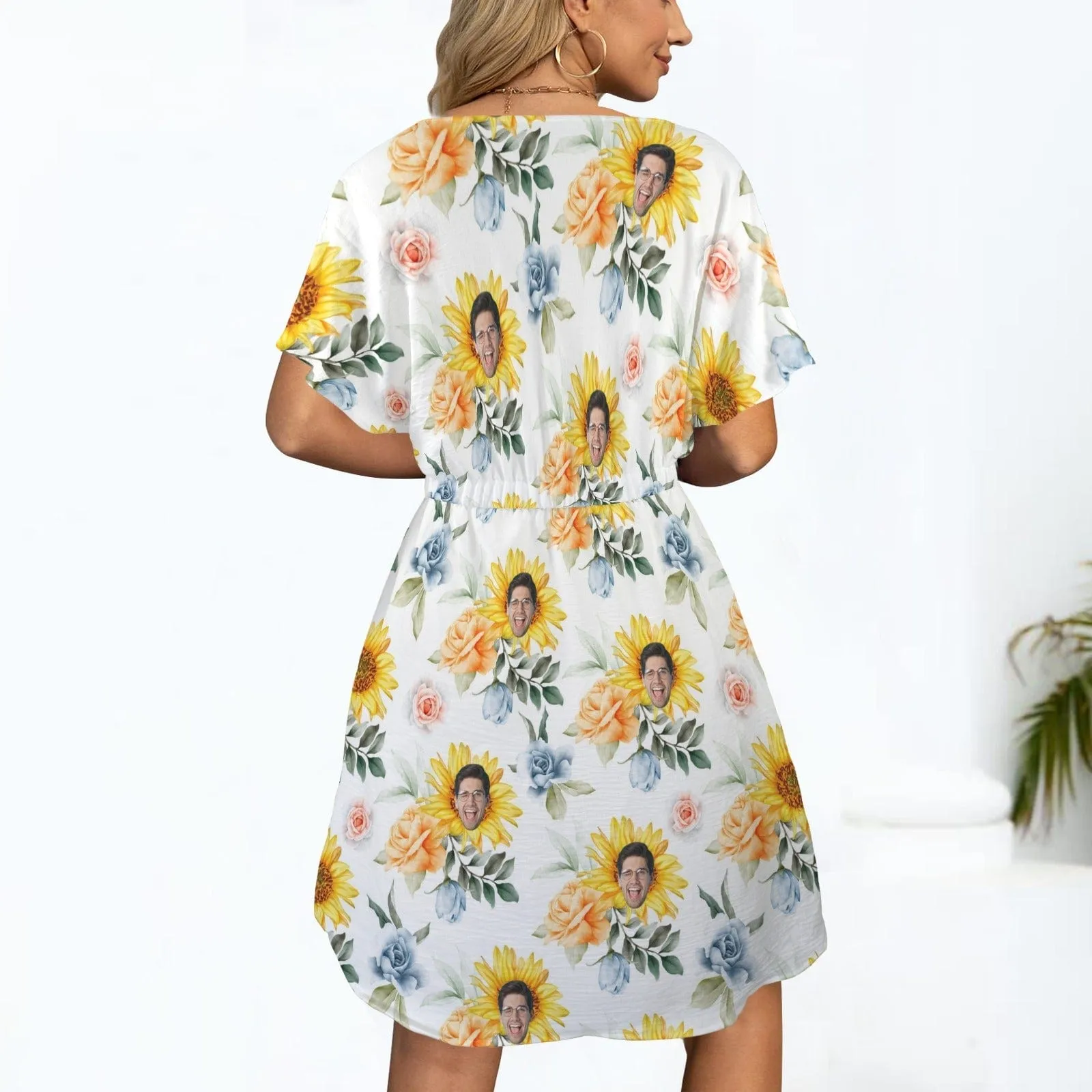 Custom Face Sunflower V-Neck Women's Elastic Waist Casual Dress