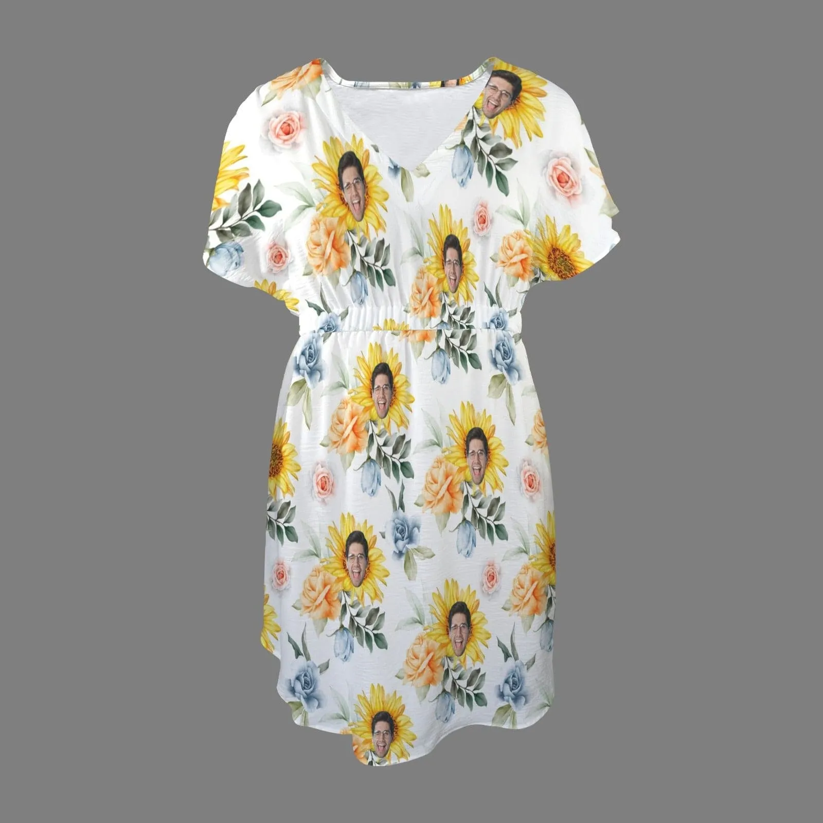 Custom Face Sunflower V-Neck Women's Elastic Waist Casual Dress